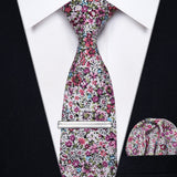 Yourties Men's Cotton Champagne Necktie with Clip Pocket Square Set for Wedding Business Causal Blue Floral Print Tie for Man