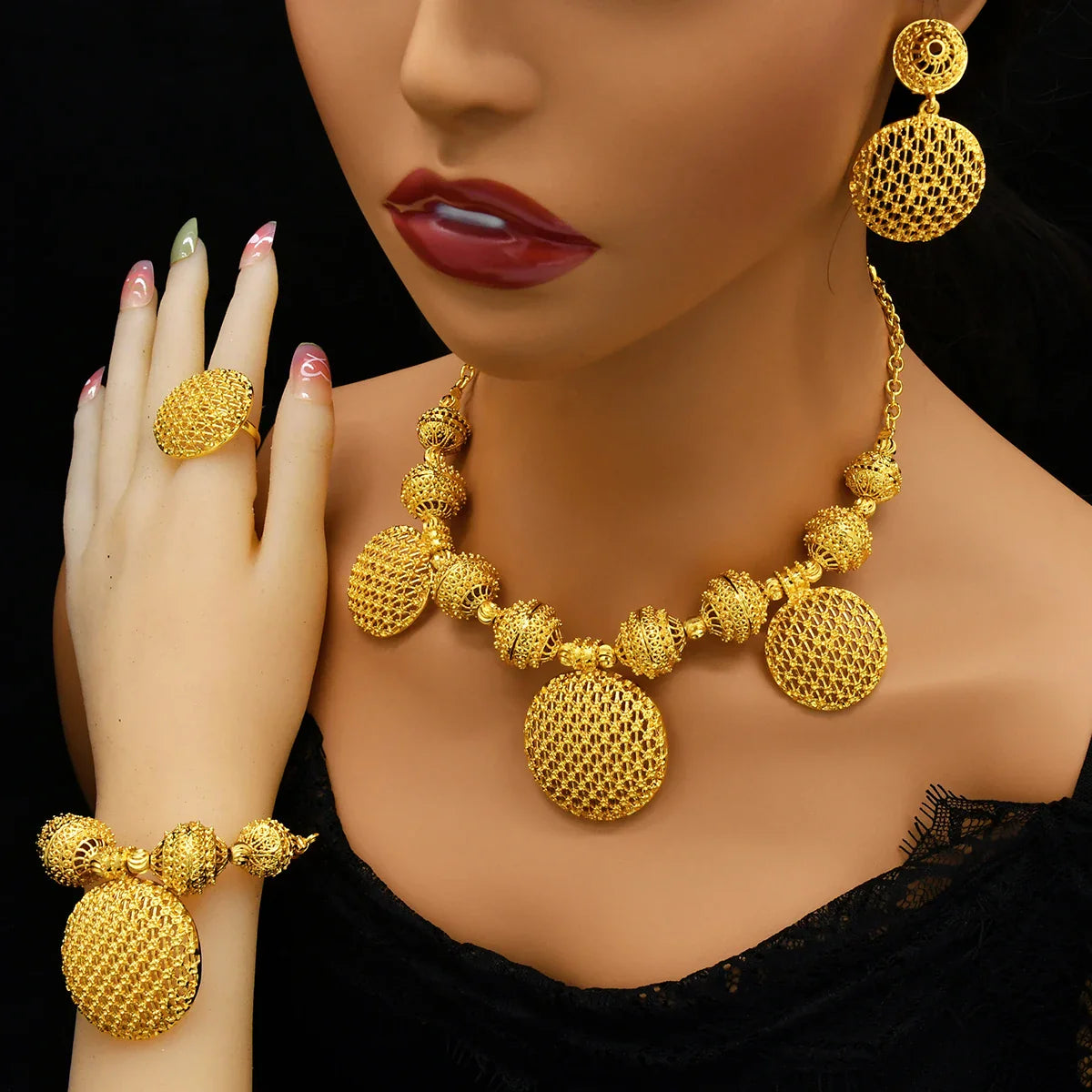 ANIID Africa Luxury Round Ball Jewelry Sets For Lady Bridal Party 24k Gold Color Necklace Set Indian Nigerian Wedding Gifts New