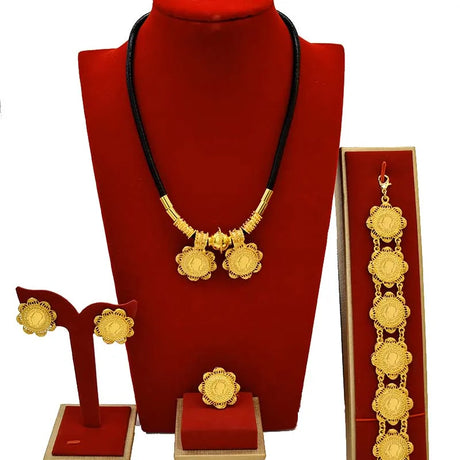 African 24K Gold Color Coins Necklace Bracelet Sets For Women Dubai Luxury Choker Designed For Women Wedding Party Jewelry Gift