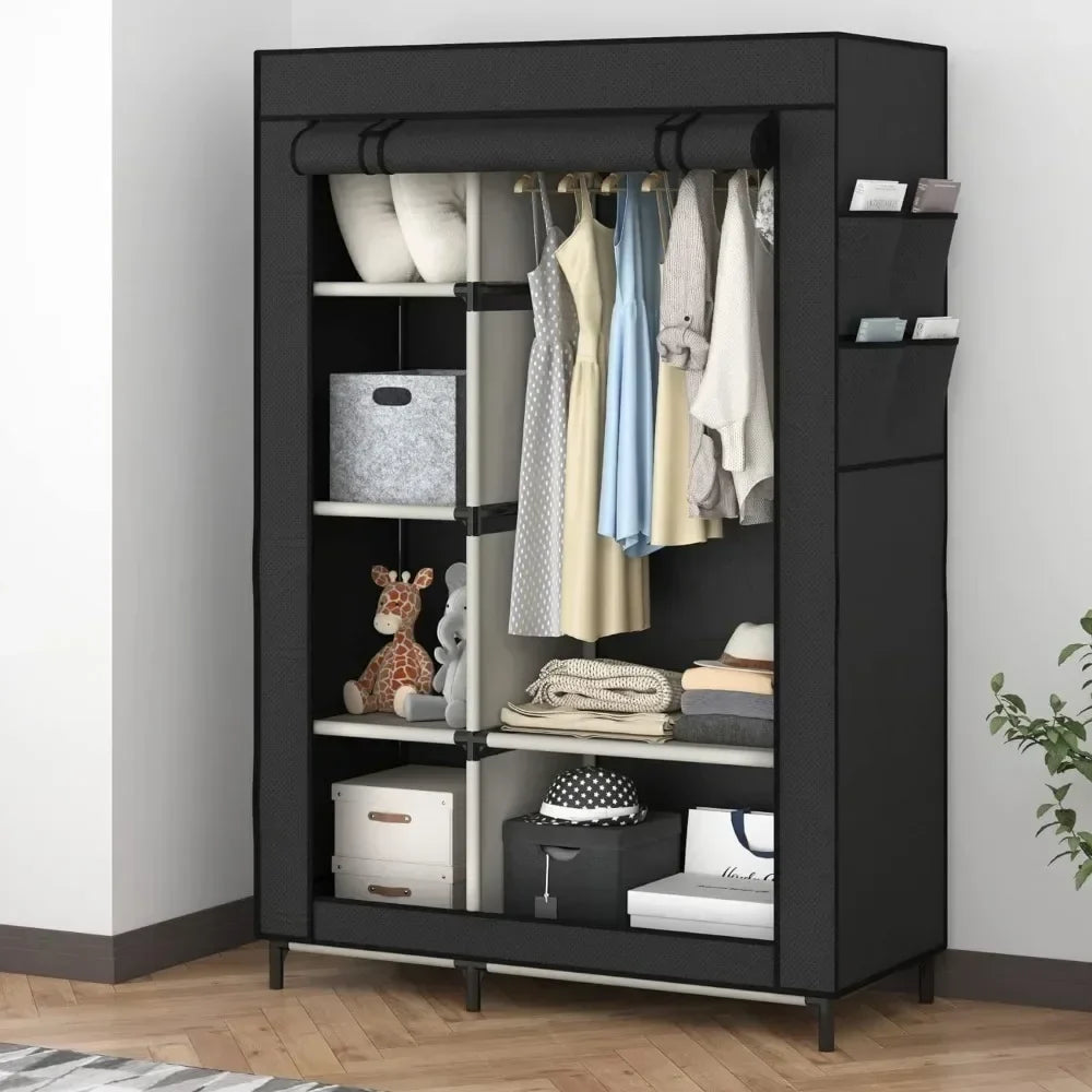 Canvas Wardrobe Portable Closet Wardrobe Clothes Storage with 6 Shelves and Hanging Rail,Non-Woven Fabric