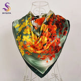 BYSIFA| Fall Winter Elegant Floral Design Scarves Shawls New Green Orange Square Silk Scarf 90*90cm Women Neck Head Scarf Hijab