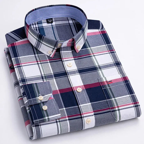 2023 Oxford Men Fashion 100% Cotton Thin Long Sleeve Casual Slim Solid Color Plaid Print Stripe Formal Dress Shirt Plus 7XL 6XL