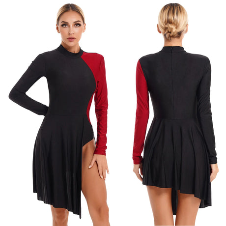 Womens Contemporary Lyrical Dance Dress Long Sleeve Color Block Figure Skating Leotard Dresses Modern Dancewear for Performance