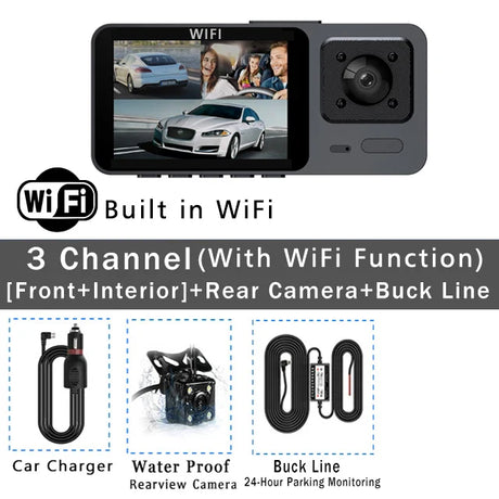 Wifi 3-Channel Car Dvr 3 Camera Dash Cam HD 1080P Dash Camera Dual Lens Dashcam Video Recorder Black Box 24H Parking Monitoring