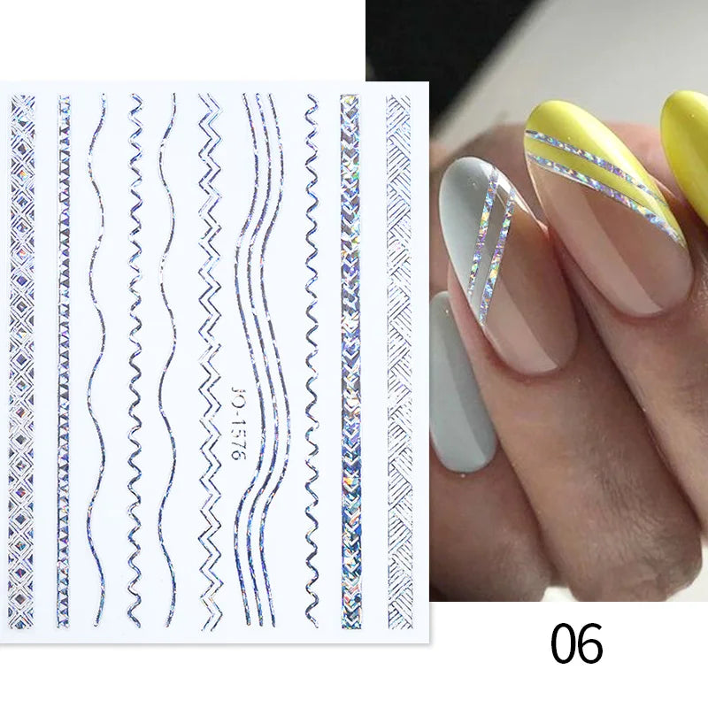 3D Silver Frame Nail Sticker Silver Bronzing Stripe Lines Sliders For Nails Tribal Pattern Decals Marble Blooming Nail Tattoos