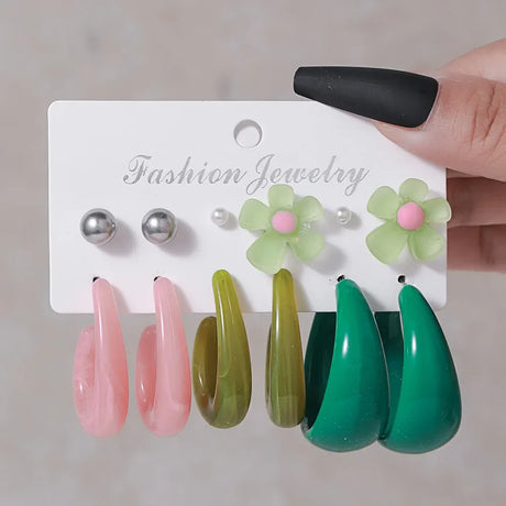 Simple Acrylic C-shaped Cut Earrings 5 Pairs Set New Fashion Colorful Geometric Metal Round Earrings Korean Jewelry for Women