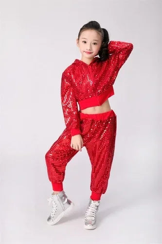 Children Sequin Hip-hop Jazz Dance Costume Girls Student Street DanceWear Ballroom Dancing Competitions Performance Stage Cloth