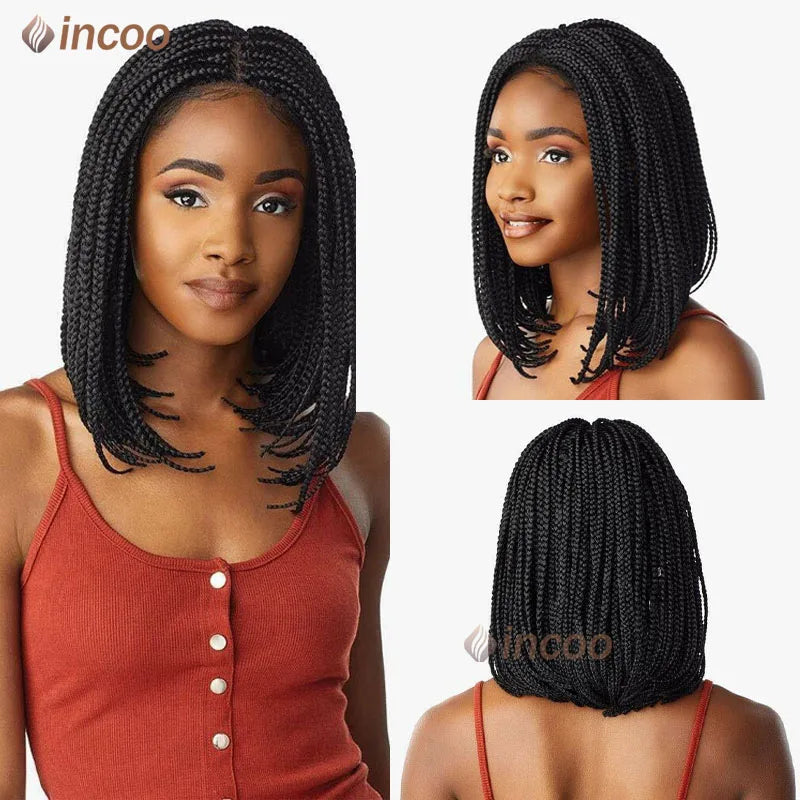 Short Bob Braided Wigs Full Lace Front Box Braid Wigs Synthetic Black 360 Lace Frontal Cornrow Wigs Braid African Women 10 Inch