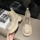 Autumn Winter Double Buckle Ankle Boots for Women Fashion Casual Retro Lace-up Elevated Platform Boots Shoes with Chunky Heels