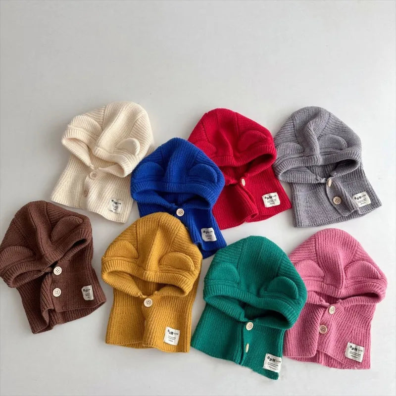 New Baby Knitted Hooded Scarf Warm Solid One Piece Scarf Hat Girls Thicken Ear Protection Balaclava Hat Headgear Bonnet for Boys