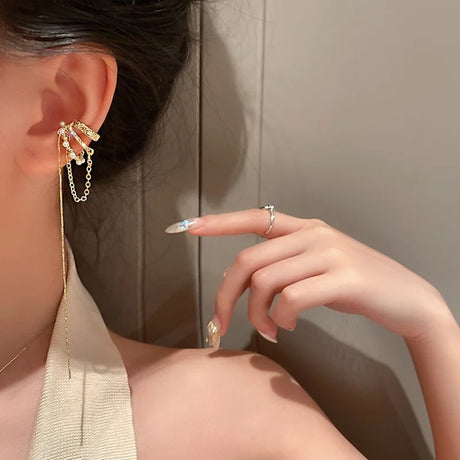 1PC Korea Luxury Long Tassel Single Clip Earrings Woman Fashion Jewelry Non Piercing Fake Cartilage Ear Cuffs For Women Girl New