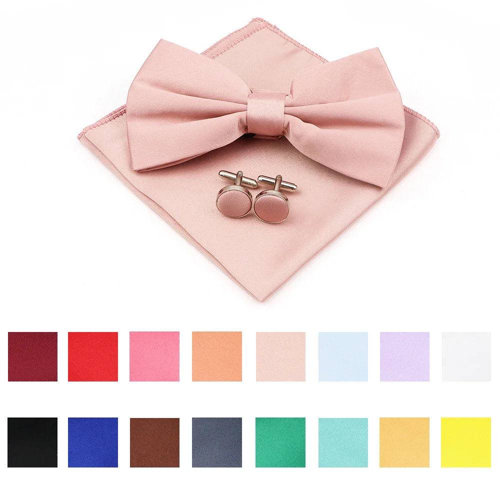New Colorful Bowties Handkerchiefs Cufflinks Set Polyester Brooches For Men's Business Wedding Party Suit Dress Accessories Gift