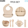 Baby Feeding Set Silicone Suction Bowls Divided Plates Straw Sippy Cup Toddler Self Eating Utensils Dishes Kit Bibs Spoons Fork