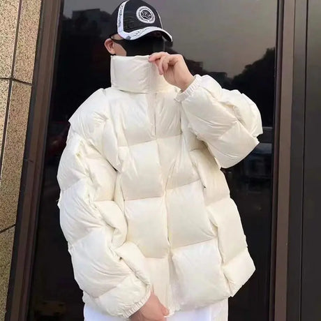 Winter Men's Cotton Padded Jacket Puffer Loose Solid Warm Coats Long Sleeve Criss Cross Stand Collar Thick Parka For Male