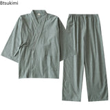 New 2024 Men's Solid Japanese Kimono Pajamas Casual Sleepwear Male Lace-Up Top and Pants Sets Soft Two-piece Homewear Suit Male