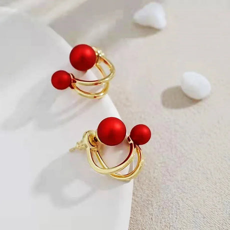 Jea. Angel Vintage Red Pearl Round Silver Color Earrings For Women Wedding Party Elegant Jewelry Fashion Accessories Gifts