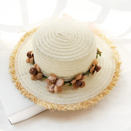 Simple Parent-child Summer New Women's Sun Hat Bucket cap beige lace Bowknot Flowers Ribbon Flat top Straw Hat Beach Caps Panama