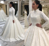 Gorgeous white wedding dress with high neck long sleeve lace applique beaded pearl floor-length bridal gown for women