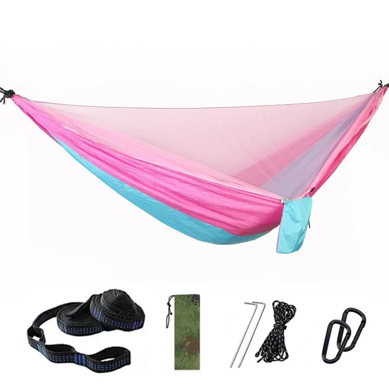 Double Travel Camping Hammock with Mosquito Net,Backpacking Portable Parachute 5+1 Ring Strap Hammock