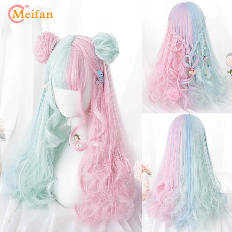 MEIFAN Synthetic Long Straight Lolita Wig with Bangs Wig Girl Cute Mixed Black Red Blonde Cosplay Party Halloween Harajuku Wig