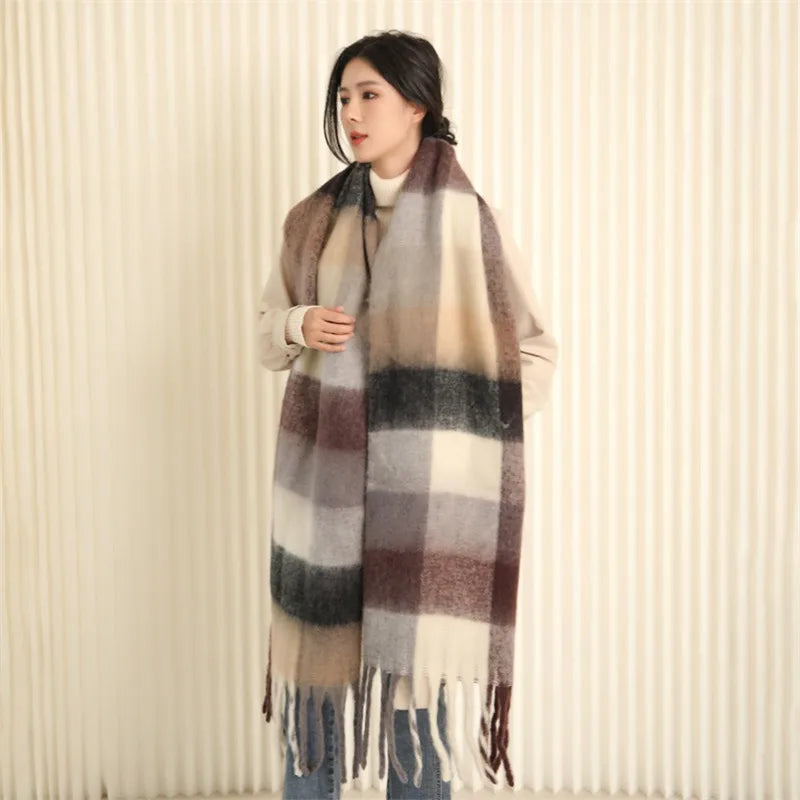 Winter Women Plaid Scarf Winter AC Pamanhmina Shawls Cashmere Thick Wraps Lady Tassel Warm Scarves Rainbow Hairy Bufanda Man