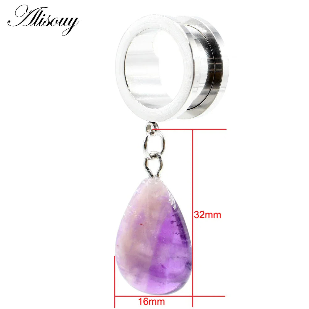 Alisouy 1PC Stainless Steel Water Drop Stone Star Moon Sword Skull Bees Dangle Earring Ear Gauge Plug Tunnel Expander Stretcher