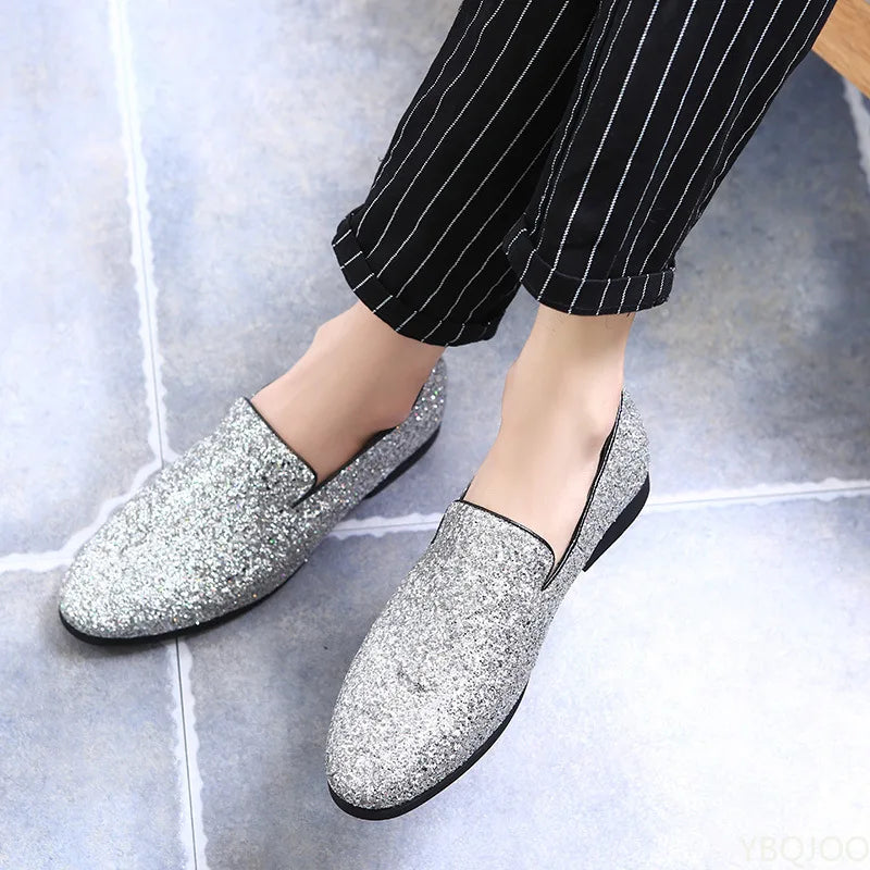 Glitter Branded Shoes Men Designer Luxury Loafers Men Shoes British Style Silver Gold Mens Shoes Casual Big Sizes Zapatos Hombre