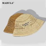 MABULA Wide Brim Women Bucket Hat Summer Straw Woven Sun Visor Hats Luxury Design Hollow Out Hat Fashion Striped Girls Beach Hat