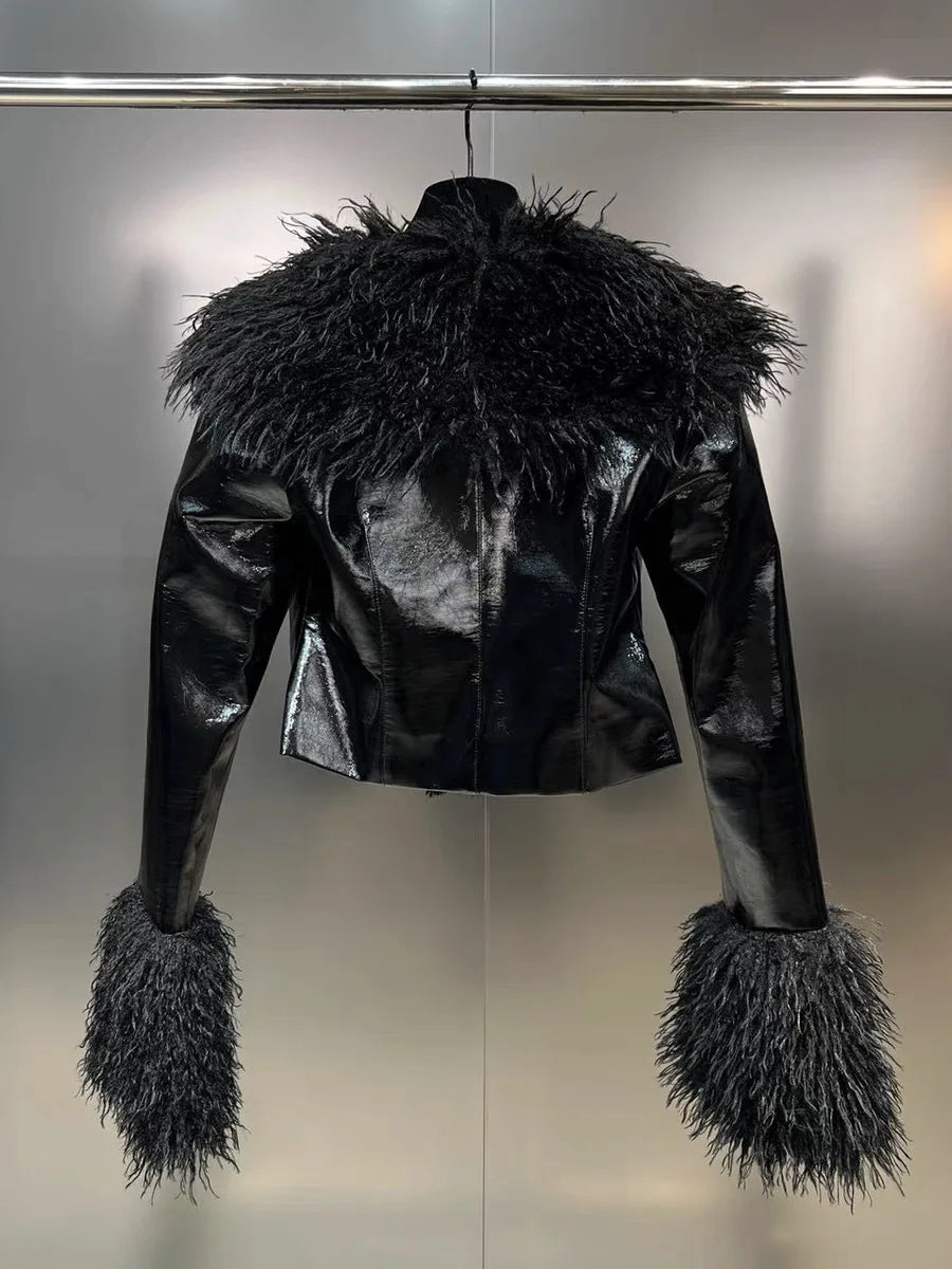 2023 New Autumn Winter Large Lapel Simulated Lamb Fur Shiny Finish Lacquer Leather Cropped Jacket Women Party Coat Outwear