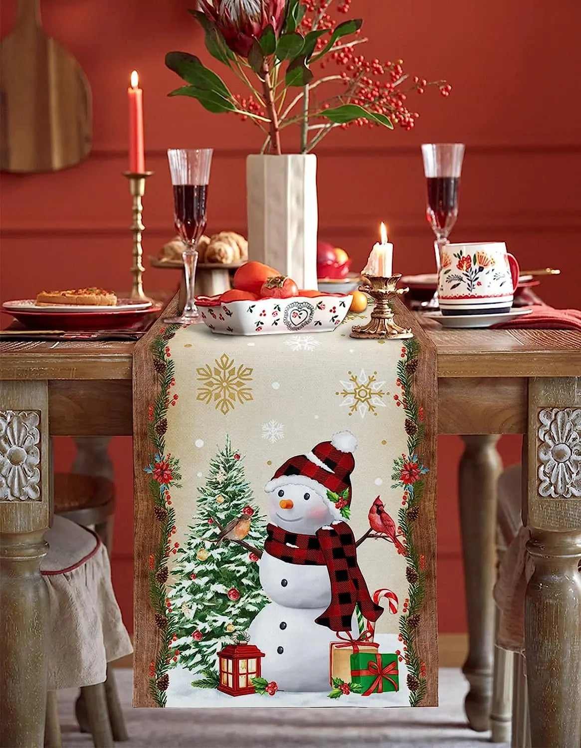 Christmas Tree Snowman Linen Table Runners Kitchen Dining Table Decor Farmhouse Navidad Xmas Winter Table Runners Wedding Decor