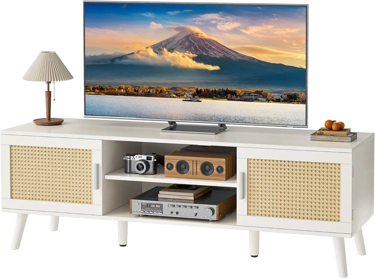 4 Cord Holes Home Furniture for Tv Solid Wood Feet Rattan TV Console With 2 Cabinets Entertainment Center With Adjustable Shelf