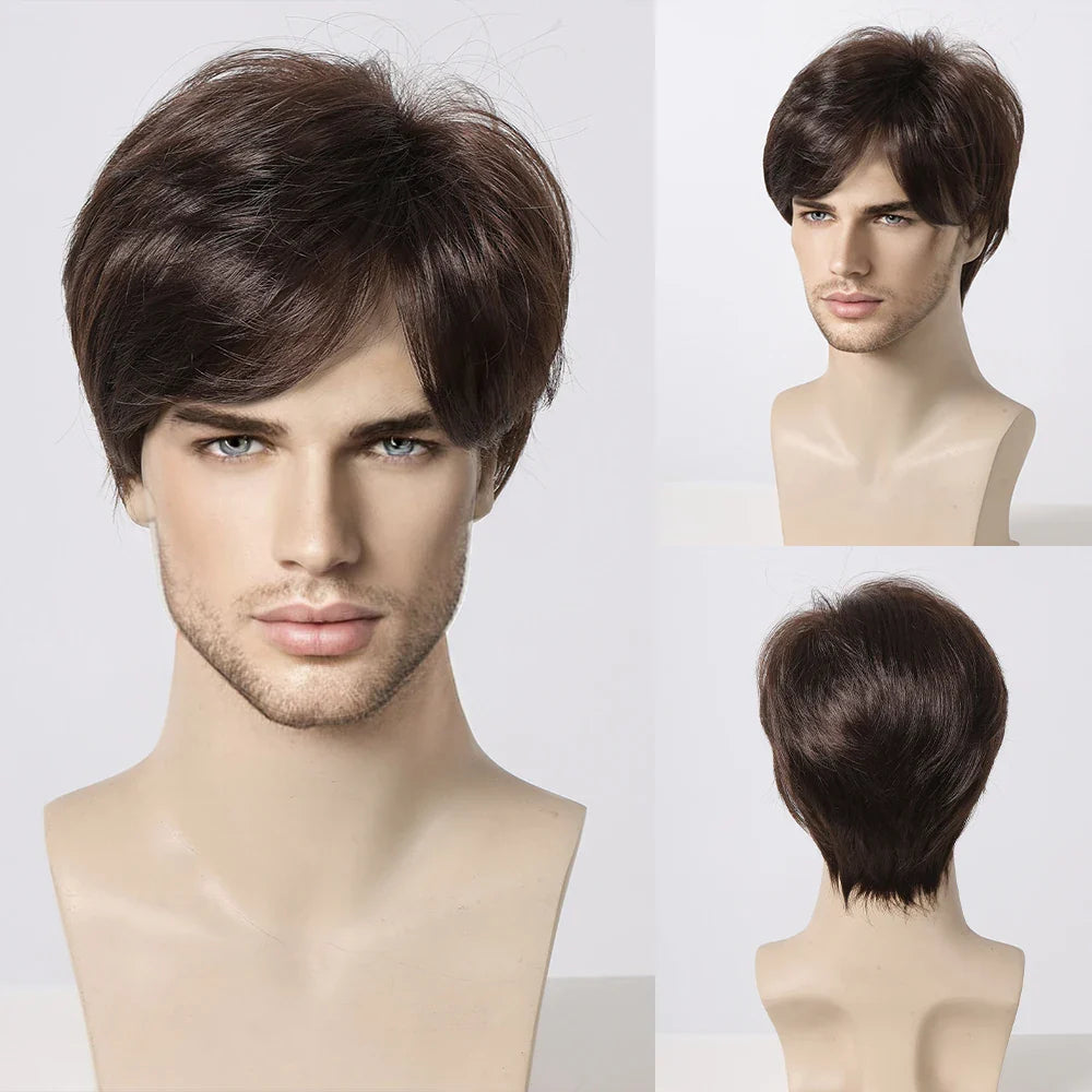 Bob Pixie Cut Wig for Men Light Brown Short Straight Synthetic Layered Wig with Bangs Natural Looking Hair for Cosplay Daily