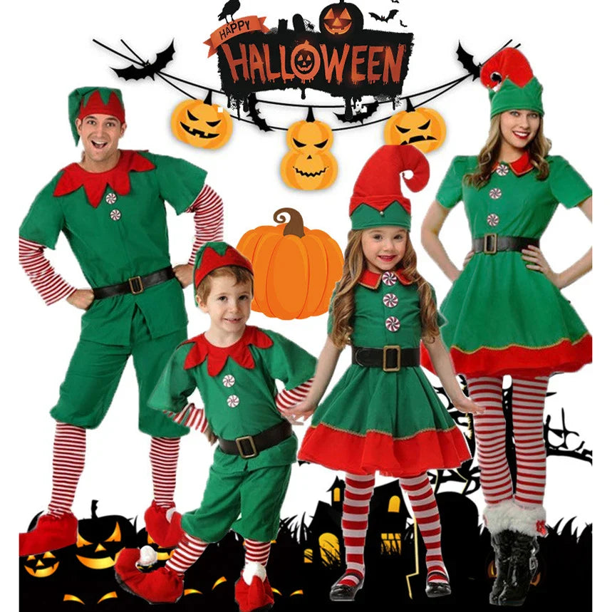 Boys Christmas Elf Costume Girls Xmas Santa Claus Green Elf Dress For Kids Adults Family Matching Outfits Cosplay Clothing Sets