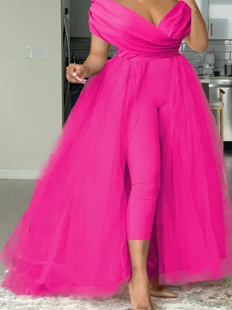 Plus Size Formal Casual One Piece Outfit Solid Off The Shoulder V Neck Tulle Jumpsuit (With Tulle Skirts)