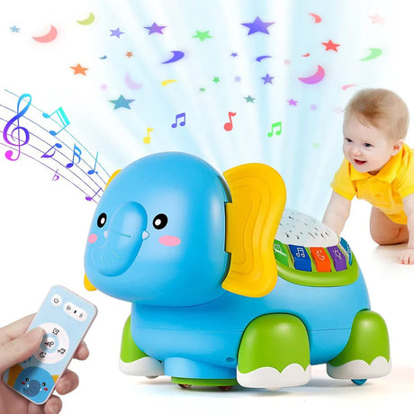 Baby Crawling Toys Musical Elephant Tummy Time Infants Toys with Timer Colorful Light Up Projection Birthday Gifts for Babies