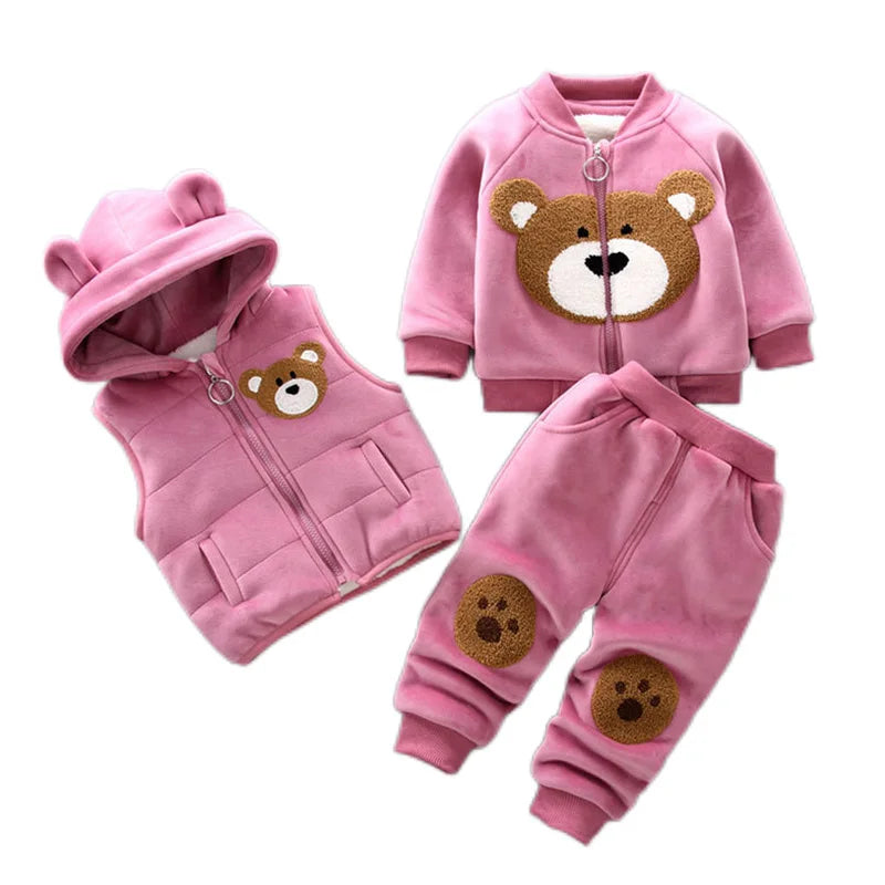 Autumn Winter Baby Boys Clothes Sets Thick Fleece Cartoon Bear Jacket Vest Pants 3Pcs Cotton Sport Suit For Girls Warm Outfits