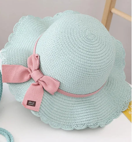 2pcs Set Summer Straw Hat With Bag For Girls Casual Bowknot Sunhat Children Protection Visor Caps Outdoor Beach Bucket Hat