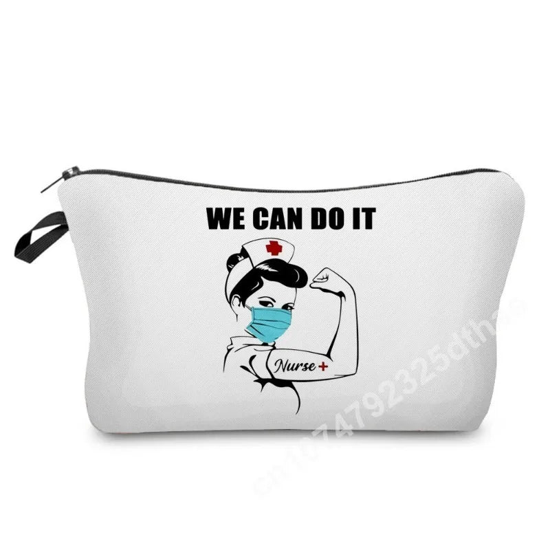 Nurse Makeup Bag Women Cosmetic Bag Toiletry Travel Organizer Lady Purse Cartoon Alphabet Print Zipper Hospital Doctor Gifts