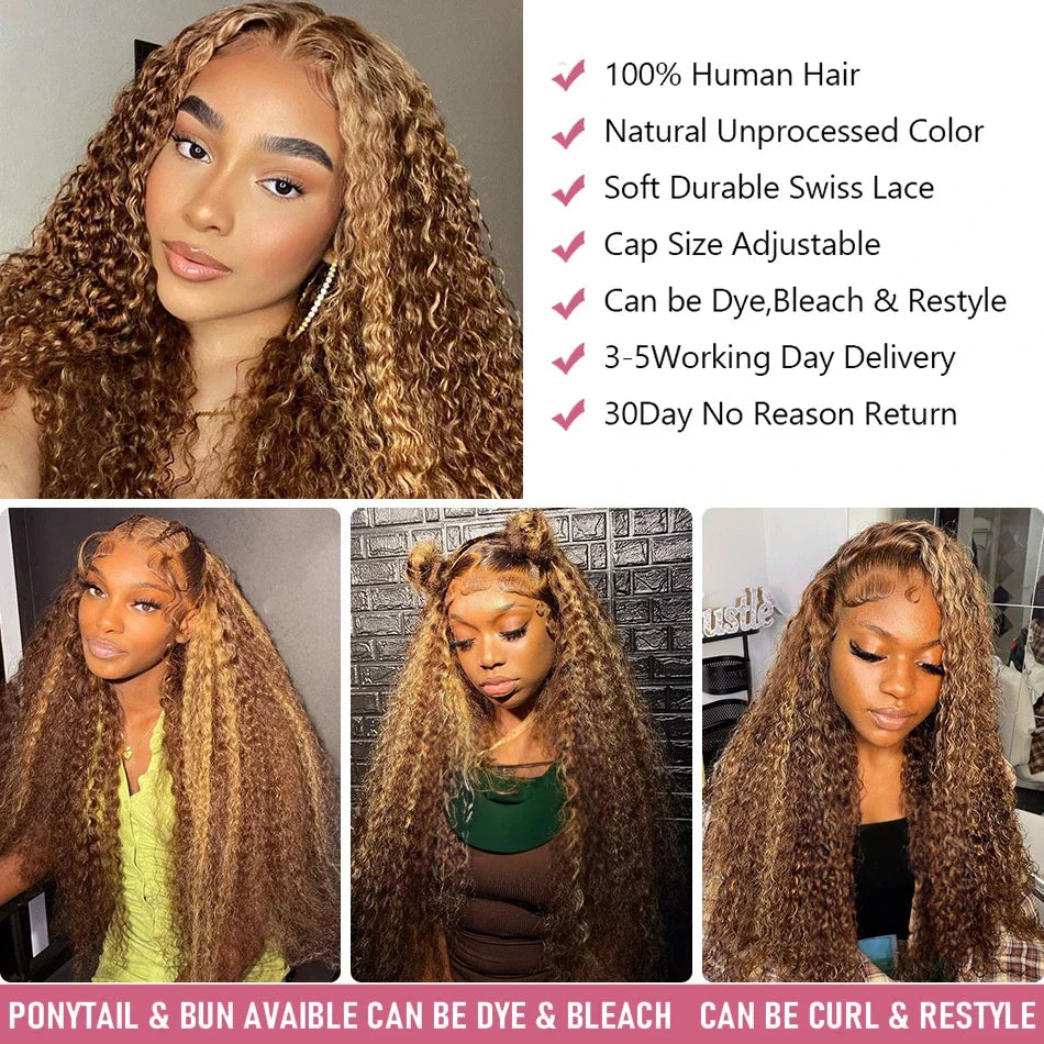 Curly Highlight 13x4 Lace Front Human Hair Honey Brown Deep Water Lace Front Human Hair Wigs  Brazilian Remy 180% For Women