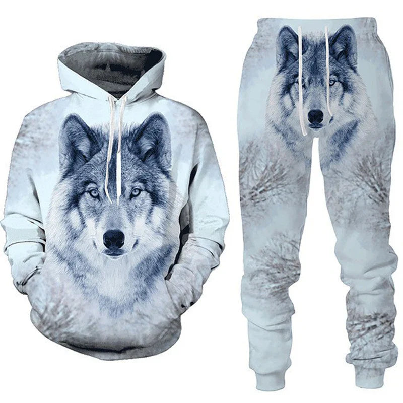 Men Tracksuit Set 3D Animal Fierce Wolf Printed Long Sleeve Hoodies Trousers Sports Suits Casual Streetwear Man Outfits Clothing