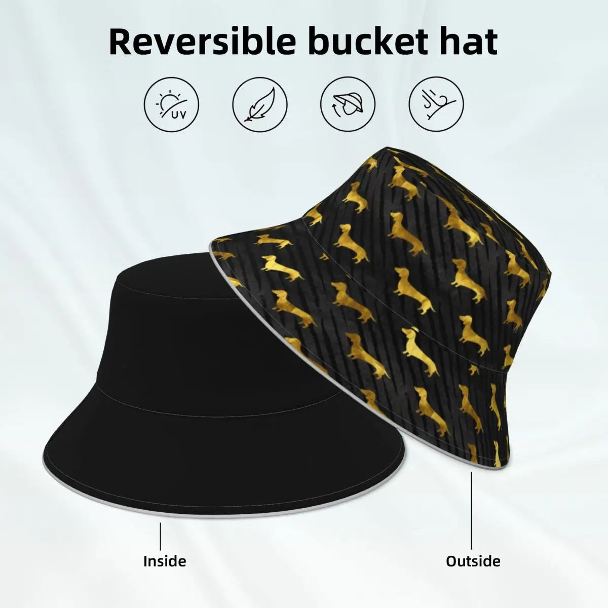 Dachshund Bucket Hat Black and Gold Dog Hawaii Fun Reflective Fisherman Hats Printed Double-sided Wear Sun Hat