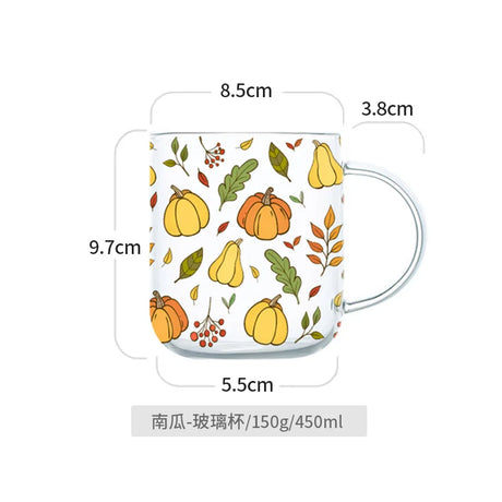 Heat-Resistant with Handle Glass Mug Breakfast Milk Cup Cute Office Home Coffee Mugs Lemon Mushroom Pumpkin Pattern Drinkware