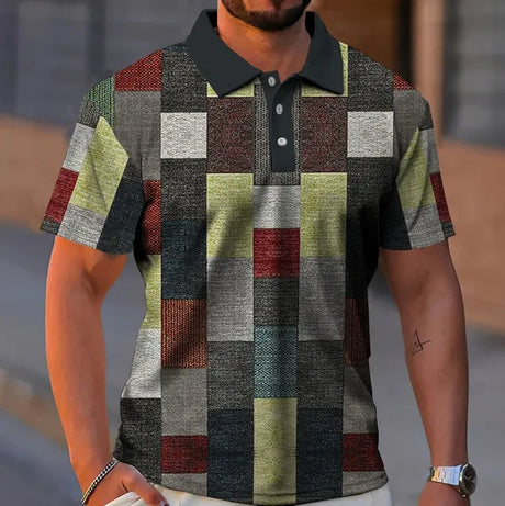 Elegant Fashion Harajuku Slim Fit Ropa Hombre Loose Casual All Match Lattice POLO Shirt Printed Button Short Sleeve T-shirts