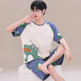 Cartoon Mens Nightwear Summer Comfortable Sleepwear Sleeping Tops Shorts 2 Pieces Pijamas Set Man Leisure Homewear Male Dropship