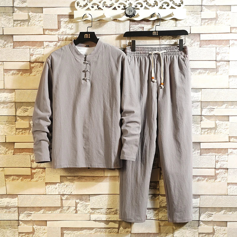New Arrival Men's Cotton and Linen Long Sleeve T-shirt+Pant Set Solid Shirt+Trousers Home Suits Male 4 Colors Size M-5XL 8006