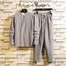New Arrival Men's Cotton and Linen Long Sleeve T-shirt+Pant Set Solid Shirt+Trousers Home Suits Male 4 Colors Size M-5XL 8006