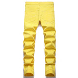 Men Letters Eagle Print Stretch Denim Jeans Y2K Streetwear Skinny Tapered Pants Yellow Trousers