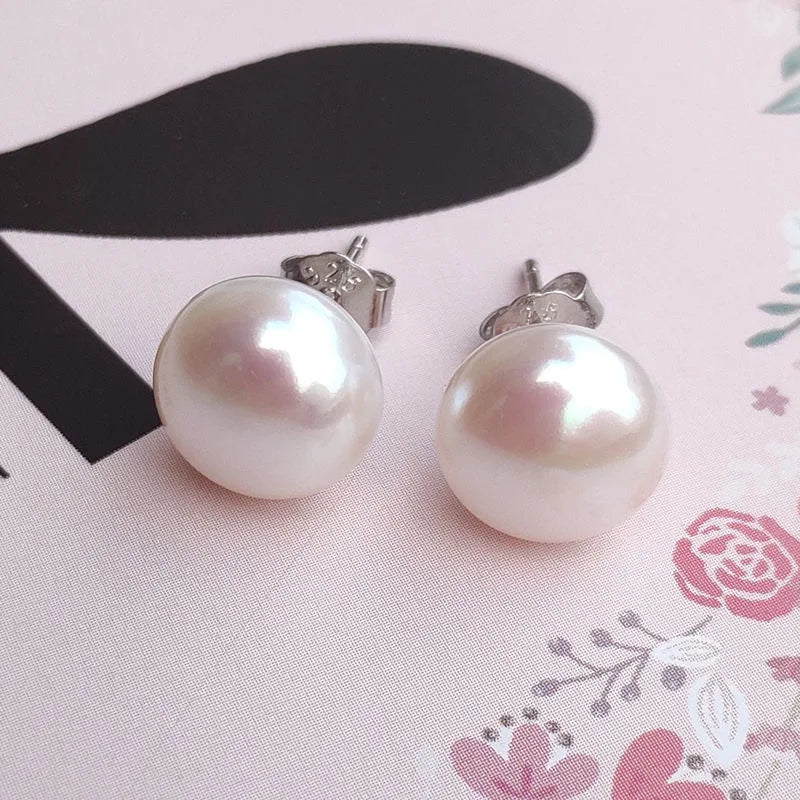 10-13mm Big Pearl Earrings Real S925 Sterling Silver Natural Freshwater Pearl Earrings For Women Jewelry Fashion Gift