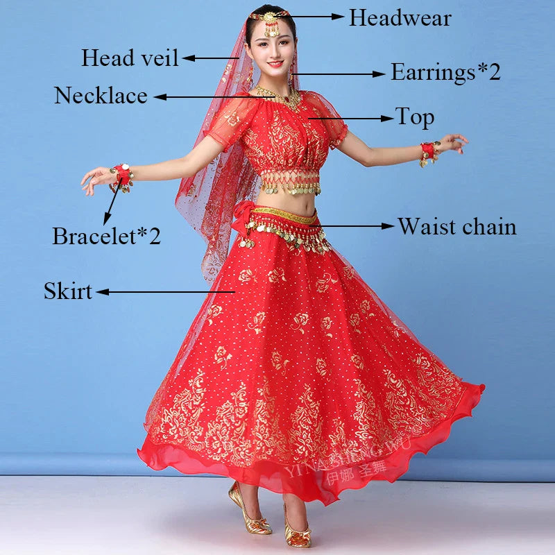 New Bollywood Costume Set Belly Dance Performance Clothes Chiffon Sequin Skirt Set Adult Women Indian Dance Costume Set