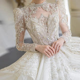 Dubai Arabia High Neck Full Sleeves Ball Gown Wedding Dress Luxruy Crystal Bridal Gowns Sequin Pearls Church Robe De Mariée